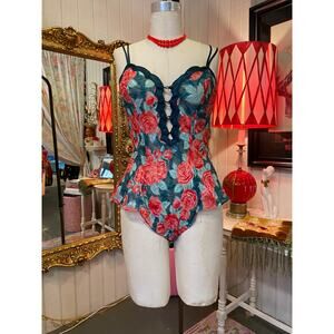 vintage 1980s victorias secret teddy red and green rose tap short one piece